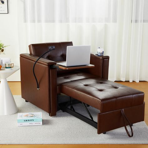 PRICES MAY VARY. 【3-in-1 Convertible Chair Bed】Pull the included handle and it slides out on its rollers to make single sofa converts into 3 forms to meet your various needs. Can be easily and quickly converted into sofa chair, recliner or sleeper bed for small apartment, living room, studio, home office, etc. Our modern sleeper sofa could meet your various needs of reading, sitting, laying, entertaining or sleeping. 【Leather Material & Soft Pillows】The convertible upholstered lounge chair is ma Boys Room With Bed And Couch, Small Office With Chair Bed, Studio Convertible Bed, Chairs Facing Bed, Small Tv Reading Room, Leather Chair Beds Fold Out, Chair Bed Bedroom, Home Office With Sofa Living Room, Chair Bed Guest Room