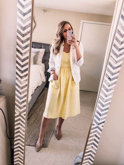 how to wear a yellow summer dress and white blazer to the office #officeoutfit #officefashion #workwear #yellowdress #walmart Yellow Dress And Blazer, Summer Dress And Blazer, Yellow Dress Outfit, Peace Lilies, Yellow Summer Dress, Black Blazer Outfit, Office Chic, Prep Style, Ootd Dress