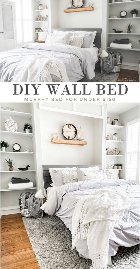 Build this murphy bed for under $150. This wall bed can turn any room into a bedroom in one minute! It takes only a few hours to build it and it's perfect for company! #WAllbed #Diy #Decor #farmhousedecor #murphybed #beforeafter Farmhouse Murphy Bed, Diy Murphy Bed, Bed Build, Build A Murphy Bed, Guest Bedroom Home Office, Bed Ikea, Guest Bedroom/office, Murphy Bed Ikea, Murphy Bed Ideas