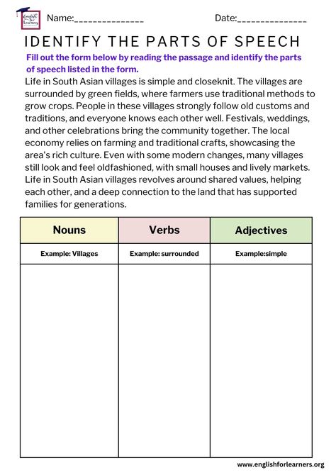 Parts Of Speech Worksheet, Speech Worksheets, Free Reading Comprehension Worksheets, Worksheets For Grade 3, Comprehension Worksheets, Reading Comprehension Worksheets, Grammar Worksheets, Parts Of Speech, Traditional Crafts