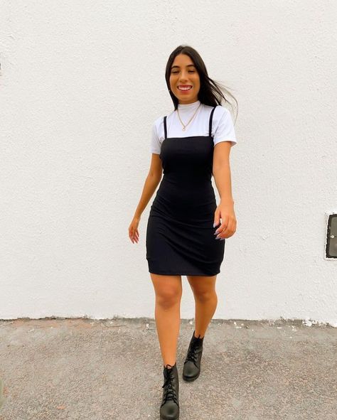 Bodysuit Under Dress Outfit, Cami Dress With Shirt Underneath, Dress With Shirt Underneath, Shirt Under Dress, Black Pinafore, Tight Dress Outfit, Modest Dresses Casual, Party Inspo, Office Outfit