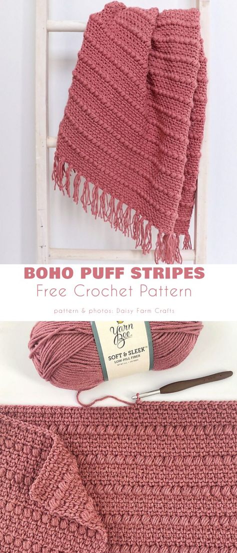 Easy Crochet Throws For Beginners, Modern Crochet Baby Blanket Patterns Free, Crochet Weekend Blanket, Yarn Saving Crochet Blanket, Crochet Tassel Blanket, Boho Puff Stripes Blanket, Living Room Crochet Blanket, Boho Stripes Crochet Blanket, Free Crochet Textured Blanket Patterns