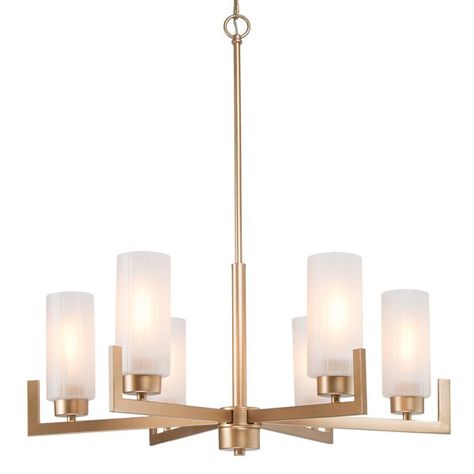 This 6-light chandelier offers unmatched grace and style for a dining room or living room area. This chandelier comes in a gold finish metal frame, with six arms that curve vertically upward to support the cylinder frosted shades.Modern linear chandelier featuring a high-end metal constructionChandelier dimensions: 27.5-in W x 27.5-in D x 30.5-in H59-in adjustable hanging chain fit different height location and supports mounting as semi-flush mount and kitchen island pendantBulb requirements: 6 Farmhouse Chandelier Kitchen, Modern Gold Chandelier, Modern Farmhouse Chandelier, Square Chandelier, Kitchen Island Chandelier, Wagon Wheel Chandelier, Farmhouse Chandelier, Metal Chandelier, Contemporary Chandelier