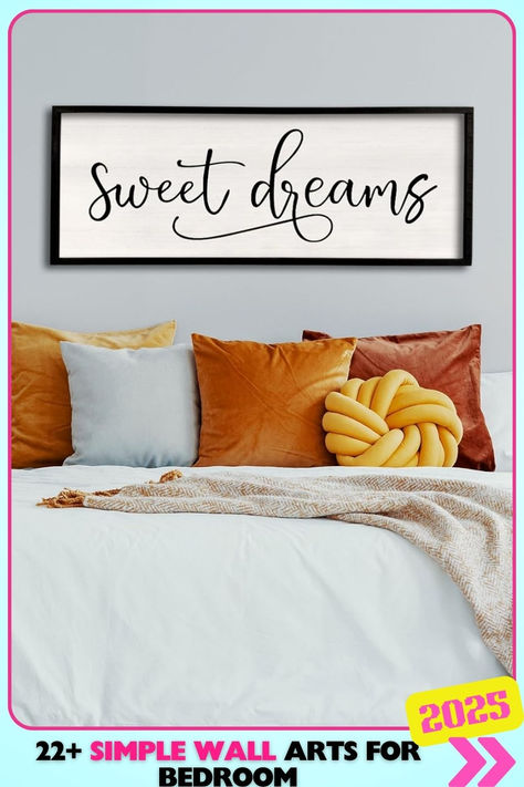 “Sweet Dreams” script art for a cozy, warm bedroom feel. Simple script above the bed adds a personal, welcoming touch. Perfect for modern or rustic bedroom decor. Art Ideas For Bedroom, Simple Wall Art Ideas, Cozy Warm Bedroom, Warm Bedroom, Rustic Bedroom Decor, Simple Wall Art, Wall Art Ideas, Rustic Bedroom, Bedroom Wall Art