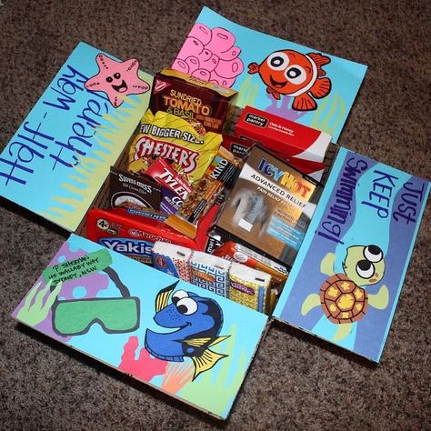 "Deployment care packages! Finding Nemo Edition. I made this for my love to celebrate making it half way through our first deployment!!" -via Pinterest ~MZ Army Boxes Care Packages, Disney Care Package, Disney Care Package Ideas, Deployment Box Ideas, Disney Announcement, Diy Movie Night Ideas, Friend Care Package, Soldier Care Packages, Deployment Care Package Ideas