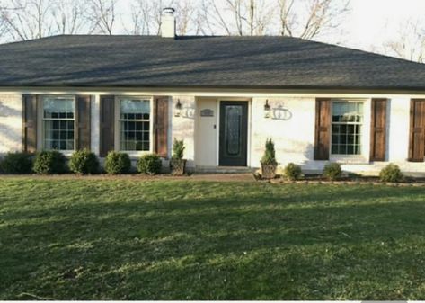 Wood Shutters Exterior, Cedar Shutters, Ranch House Exterior, Painted Brick House, Rustic Exterior, Brick Ranch, Home Exterior Makeover, Brick Exterior House, Exterior Makeover