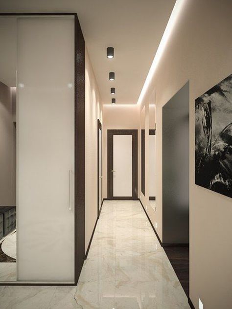 30 Impressive Hallway Lighting Ideas That Will Keep Your Mood | Home Design And Interior House Corridor Design Modern, Corridor Lighting Ideas, Passage Ceiling Design Modern, Passage Ceiling Design, Ceiling Design Corridor, Passage Ceiling, Hallway Lighting Ideas, Modern Hallway Design, Hallway Ceiling