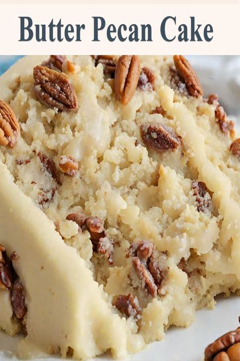 Indulge in the rich flavors of this homemade Butter Pecan Cake! Perfect for special occasions, this cake combines browned butter and finely chopped pecans for a moist, tender crumb, topped with a creamy frosting. Easy to make and absolutely delicious, this Butter Pecan Cake recipe is a must-try for any dessert lover. Pin now and bake later! #ButterPecanCake #BakingRecipes #DessertIdeas #CakeRecipes #HomemadeCakes Butter Pecan Cake Recipe, Butter Pecan Pound Cake Recipe, Pecan Pie Cake, Pecan Desserts, Butter Pecan Cake, Poke Cake Recipes, Pecan Cake, Crunchy Pecans, Fall Cakes