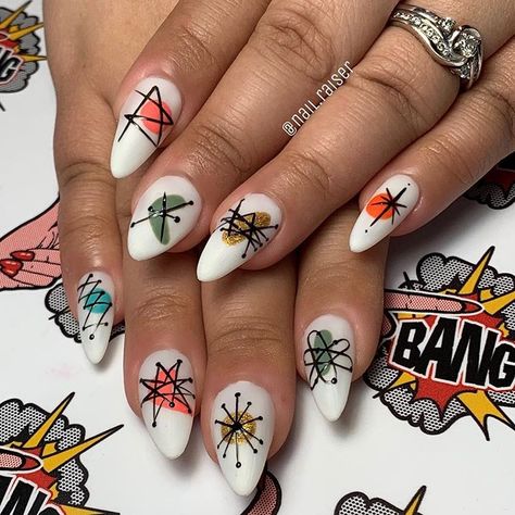 FINGER BANG on Instagram: “@nail.raiser @apresnailofficial GelX set inspired by retro atomic frosted glassware on @sopranolessons #apresgelx #fingerbangportland…” Mcm Nail Art, Atomic Nail Art, Mod Nail Art, 1950 Nails Design, Fallout Nail Art, Retro Inspired Nails, Mid Century Modern Nails, Pyrex Nails, Atomic Nails