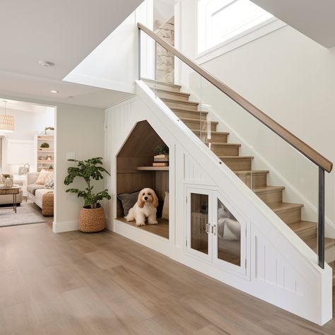 Dog House Under Stairs With storage cupboard Idea Image Dog Spaces Under Stairs, Dog Bed Under The Stairs, Under Stairs Dog Area, Dog Nook Under Stairs, Dog Den Under Stairs, Dog Area Under Stairs, Dog Under Stairs Spaces, Under Stairs Dog Room, Dog Room Under The Stairs