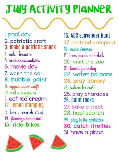 For the past couple years, the June Activity Planner for Kids has been one of our most popular posts on Pinterest. Over the past few months, several readers emailed asking for July and August printables too and I finally finished. Today I’m sharing a July Activity Planner for Kids (& Free Printable) and in a few weeks […] July Activities For Kids, Kids Summer Schedule, June Activities, Activity Planner, Planner For Kids, July Activities, Summer Kid, Monthly Activities, Summer Schedule