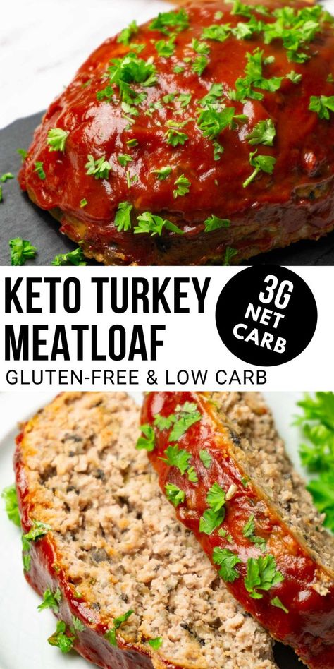 Two pictures showing turkey meatloaf with a ketchup glaze. Keto Turkey Meatloaf, Low Carb Turkey Meatloaf, Gluten Free Turkey Meatloaf, Ground Turkey Meatloaf Recipes, Turkey Meatloaf Recipe Easy, Turkey Meatloaf Healthy, Healthy Thanksgiving Dinner, Turkey Meatloaf Recipe, Keto Turkey