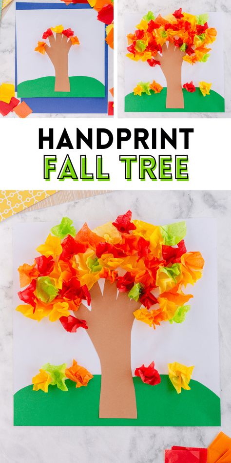 Fall Tree Craft For Preschoolers, Tissue Paper Fall Tree, Kindergarten Fall Crafts Art Projects, Tree Art Crafts For Preschoolers, Handprint Fall Tree, Fall Tree Handprint Art, Autumn Leaves Activity For Kids, Leaves And Trees Crafts For Toddlers, Tissue Paper Tree Craft