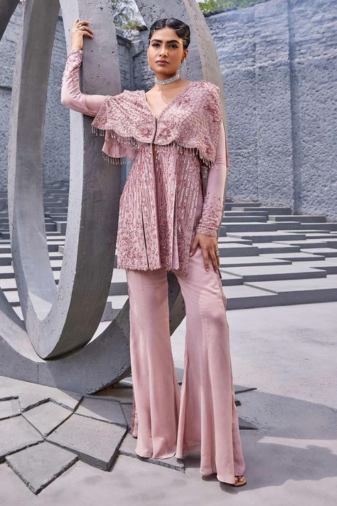 Shop for Miku Kumar Pink Georgette Floral Sequin Embroidered Open Jacket With Palazzo for Women Online at Aza Fashions Full Sleeve Kurti, Full Sleeves Blouse Designs, Dress Book, Cord Set, Open Jacket, Muslim Fashion Dress, Pakistani Dress, Unique Blouse, Simple Pakistani Dresses