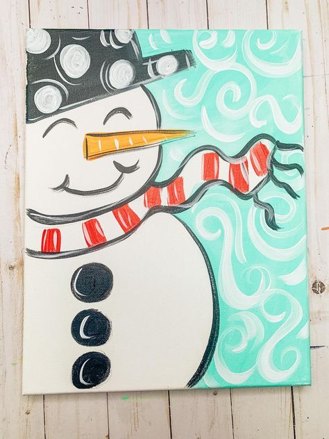 Paint Snowman, Diy Snowman Painting, Easy Xmas Paintings, Snowman Paintings Easy, Easy Kids Christmas Painting, Winter Canvas Painting Ideas Easy Diy, Snow Man Art, Simple Snowman Painting, Santa Art For Kids