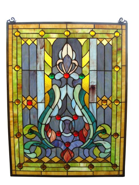 Features:  -Hanging chain included.  -319 Glass cuts .  -Tiffany collection.  Color: -Multi-colored.  Orientation: -Vertical.  Shape: -Rectangular.  Theme: -Floral. Dimensions:  Overall Height - Top t Victorian Stained Glass Panels, Stained Glass Blue, Stained Glass Painting, Victorian Windows, Wine Bottle Wall, Fine Art Lighting, L'art Du Vitrail, Design Window, Stained Glass Window Panel