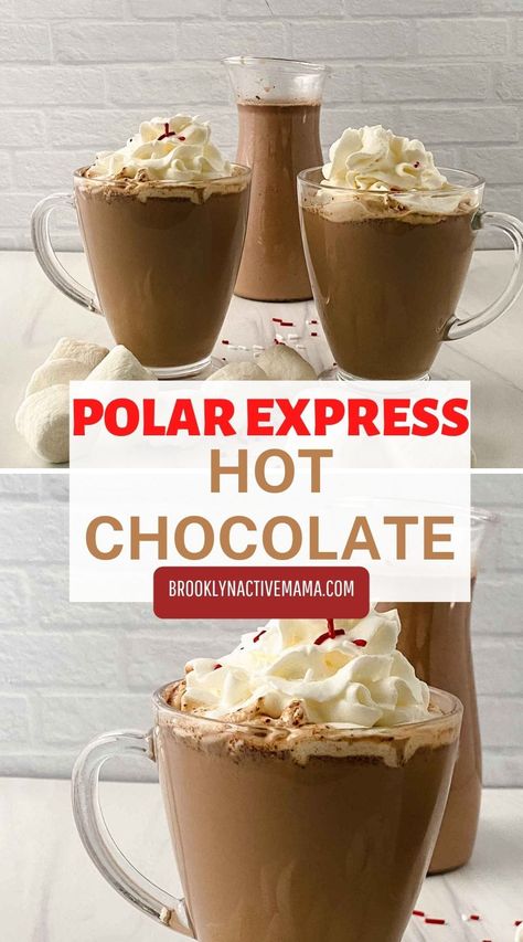 This homemade Polar Express Hot Chocolate Recipe is so fun and easy to make! Great flavors and easy to make for movie night! Polar Express Cocoa, Homemade Hot Chocolate Sweetened Condensed Milk, Big Batch Hot Chocolate Recipe, Christmas Hot Chocolate Recipes, Hot Chocolate Packet Recipes, Polar Express Hot Cocoa, The Polar Express Hot Chocolate, Polar Express Food Ideas Movie Nights, Polar Express Cocktail