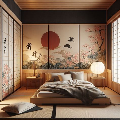 Japanese Bedroom Japanese-Inspired Textile Japanese Rooms Bedrooms, Asian Maximalism, Japanese Inspired Interior Design, Tropical Interior Design Bedroom, Japanese Inspired Room, Japanese Decor Bedroom, Japan Home Interior, Japan Home Design, Japanese Themed Bedroom