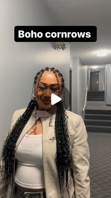 God's gift coiffure on Instagram: "My favourite hairstyle 🔥😍  We used synthetic hair for the curls  Cost: 280$  . . . . . . . . #vancouverbraids #vancouverhairstylist #vancouverhair#braids#dreams #businessideas #figureincome #6figurehairbusiness #knotlessbraids#protectivestyles #cornrows #houstonhairstylist #braids #braidsgang #growth #journey #entrepreneurship #beautyindustry #naturalhairstylist #torontobraids#blackgirlinbusiness #business #blackentrepreneurs #bosslady #bohocornrows #reeels #viral #igvideo #gers #reelsinstagram #reelsviral" Boho Cornrows Braids, Boho Cornrows, Ig Video, Natural Hair Stylists, Black Entrepreneurs, Boho Braids, Favorite Hairstyles, Beauty Industry, Boss Lady