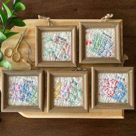 Framed Mini Quilts, Crafts With Old Quilt Pieces, Framed Quilt Pieces, Heirloom Quilts Ideas, Vintage Quilt Squares Repurposed, Repurposed Old Quilts Ideas, What To Make Out Of Old Quilts, Vintage Quilt Craft Ideas, Old Quilt Projects