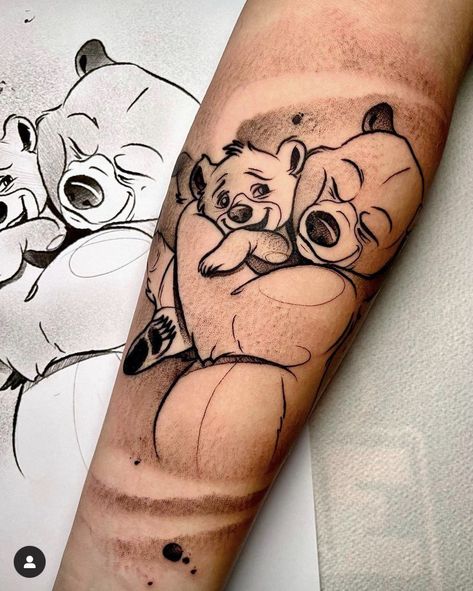 Disney Brother And Sister Tattoos, Cartoon Bear Tattoo, Brother Bear Tattoo, Couple Matching Tattoo, Nerd Tattoo, Bestie Tattoo, Family Tattoo Designs, Mom Tattoo Designs, Cartoon Character Tattoos