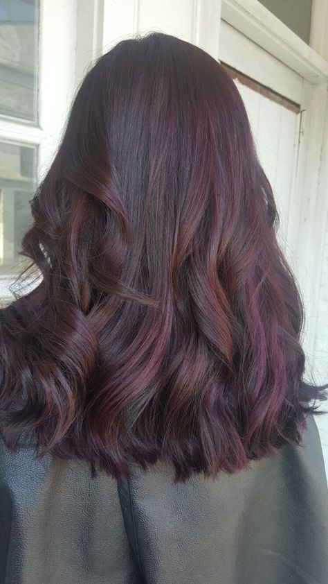 Chocolate Brown Hair With Purple Streaks, Brown Hair Colors With Layers, Brown Hair Burgundy Balayage, Wine Baylage Hair, Plum Highlights On Black Hair, Plum Purple Balayage, Plum Hair On Brown Skin, Dark Hair With Plum Highlights, Short Burgundy Hair With Highlights