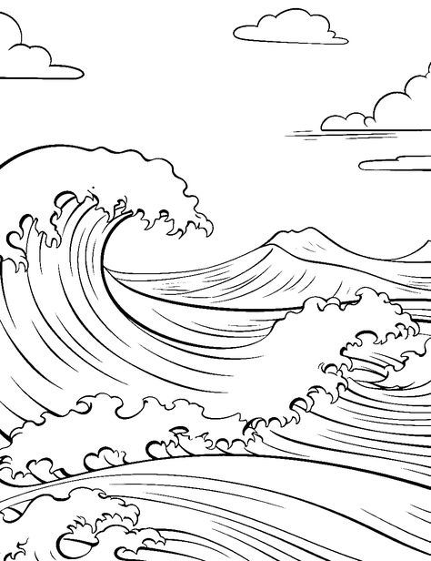 Realistic Ocean Wave Coloring Page - An accurate depiction of a single wave, showcasing the beautiful blue ocean. Wave Coloring Page, Family On Beach, Ocean Wave Drawing, Ocean Coloring Pages, Beach Coloring Pages, Lion Coloring Pages, Wave Drawing, Beach Backdrop, Turkey Coloring Pages