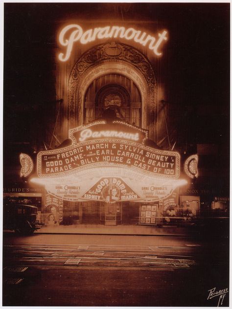 The Paramount Theatre in Times Square, 1934. Courtesy of the Academy of Motion Picture Arts and Sciences). From Cinema Treasures: A New Look at Classic Movie Theaters (Ross Melnick and Andreas Fuchs) Classic Movie Theaters, Theater Sign, Vintage Movie Theater, Paramount Movies, Going To The Movies, Vintage Cinema, Evelyn Hugo, Vintage Theatre, Paramount Theater