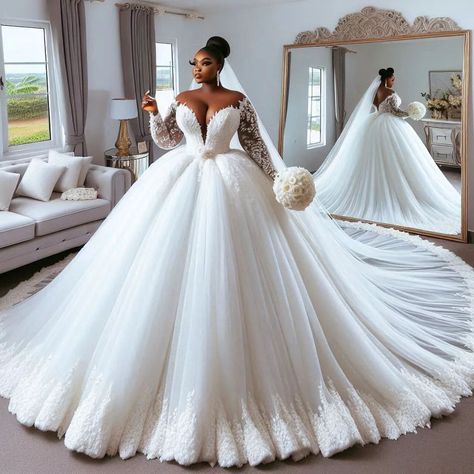 Nanice Weddings | Wedding dresses in Accra | No cap!!! 😍❤️ . . . . @weddingdresslookbook @weddingsonpoint @bridaldiaryy @wedding.diaries @xclusiveweddin @nigerianweddings… | Instagram Changing Dresses For Brides, Wedding Ball Gown With Sleeves, Classy Wedding Gown, Bride Ball Gown, Wedding Ball Gown, Long Sleeve Ball Gowns, Custom Wedding Gown, African Bride, Dress Pictures