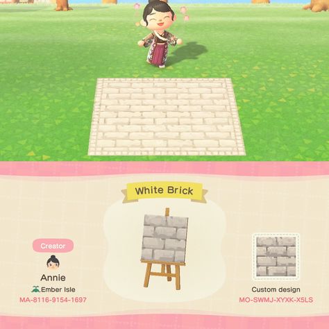 White cream brick path code, look at creator code for tiles with border Brick Pathway Animal Crossing, Animal Crossing Codes Pathways Brick, White Brick Acnh Code, White Brick Animal Crossing, Acnh White Brick Path Design Code, Pathway Codes Animal Crossing, Acnh White Tile, White Brick Acnh, Acnh Pathway Design Codes