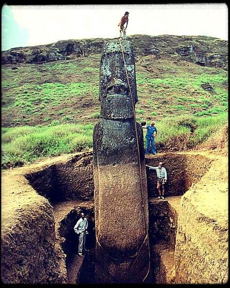 The moai at Easter Island are actually whole-body statues, but they are commonly referred to as "Easter Island heads."  Some of the "heads" at Rano Raraku have been excavated and their bodies seen and observed to have markings that had been protected from erosion by their burial. Easter Island Moai, Easter Island Heads, Easter Island Statues, Easter Island, Ancient Mysteries, Foto Vintage, Ancient Aliens, Ancient Ruins, Ancient Artifacts