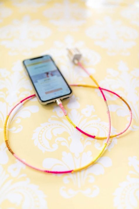 Make this cute Wrapped Charger Cord // MAKE THIS – S1 • E5 » NEVER SKIP BRUNCH Phone Cable Wrap Diy, Cord Wrap Diy, Phone Cord Wrap Diy, Charger Cord Wrap Diy, Diy Wrapped Charger Cord, Wrap Charger Cord, Wrapped Charger, Wrapped Charger Cord, Charger Cord Wrap