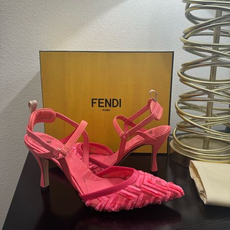 New; Just A Couple Of Light Scratches On The Sole As Pictured. Fendi Heels, Fendi Pink, Diamond Heels, Fendi Vintage, Red Studs, Strappy Platform Sandals, Mesh Heels, Ff Logo, Patent Heels