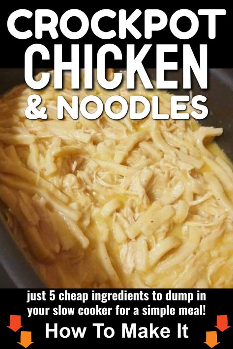 Slow cooker chicken and noodles is a simple crock pot family meal with only 5 ingredients. Use fresh or frozen chicken breasts to make this an easy low mess dinner that's perfect for frugal meal planning dinner for the week. Mommas Crockpot Noodles, Italian Chicken And Noodles Crockpot, Crockpot Chicken Recipes With Noodles, Crockpot Chicken Noodles Reames, Comforting Chicken Noodles Crockpot, Crock Pot Chicken And Noodles Easy, Crock Pot Chicken N Noodles, Crock Pot Noodles And Chicken, Chicken Noodles In Crockpot