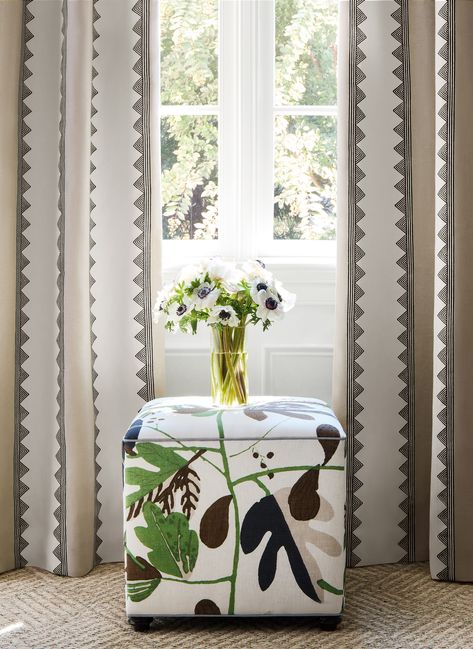 Inspired by life’s moments of sweet serendipity and the spontaneous happening that was meant to be, the Kismet collection brings an unmistakable positive force, sparking joy and openness. #interiordesign #homedecor #interiorstyling #interiors #colorfulpatterns #wallpaper #fabric Thibaut Curtains, Curtains Beige, Matisse Leaf, Neutral Curtains, Leaf Fabric, Linen Curtain Panels, Pleated Drapes, Striped Curtains, Drapery Panels