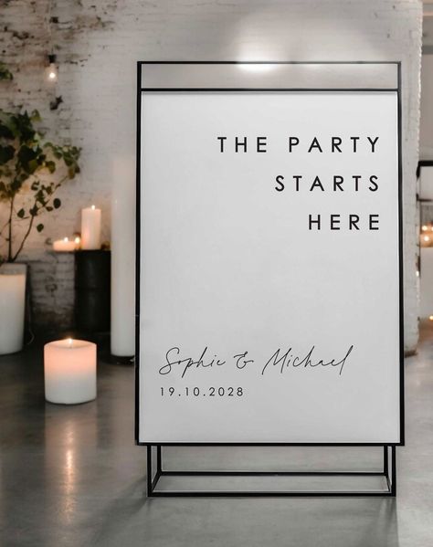 Set the tone for a night of unforgettable celebration with a "The Party Starts Here" wedding sign. This eye-catching sign welcomes guests to the reception area and lets them know the fun is about to begin. Imagine the excitement building as your guests arrive, greeted by this warm and inviting sign. It perfectly captures the essence of your special day and encourages them to relax, mingle, and prepare to celebrate your love in style. "The Party Starts Here" wedding signs are available in a varie Party Starts Here Wedding Sign, Party Signs Diy Entrance, Black Wedding Sign, Welcome Party Sign, Wedding Welcome Party, Itinerary Invitation, Gold Wedding Stationery, Event Signs, Elopement Invitation