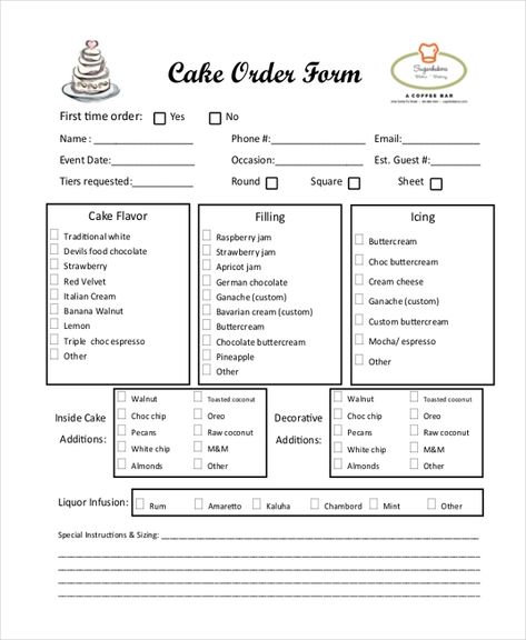 sample cake order form Cake Business Plan, Cake Pricing Chart, Wedding Cake Order Form, Cake Order Form, Cake Order Forms, Home Bakery Business, Order Form Template Free, Inside Cake, Order Form Template