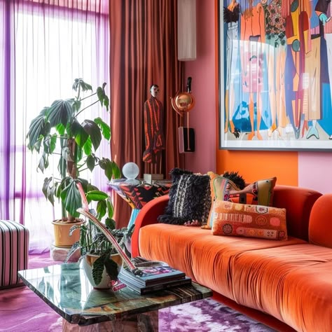 Who’s says Orange and purple…and red can’t go together #colorindesign #aiinteriors Purple And Orange Living Room, Pink And Orange Living Room, Purple Couch, Orange Couch, Bungalow Interior, Colorful Eclectic, Orange Rooms, Girl Apartment, Red Can