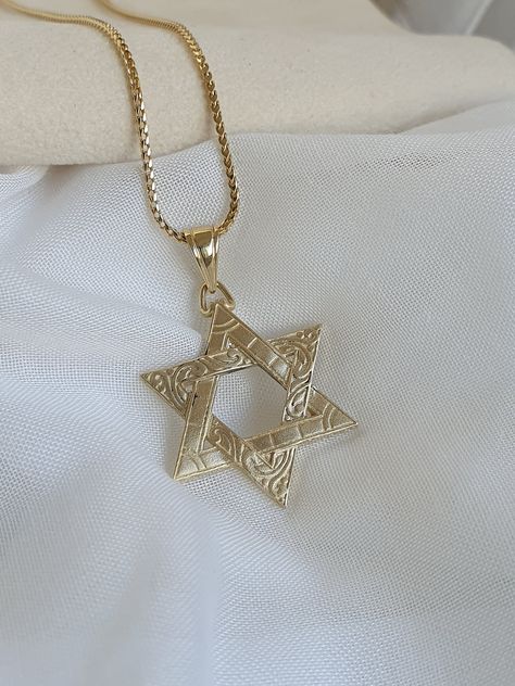 14k Gold Star of David Pendant, Jewish Jewelry,  Bar mitzvah gift, Unique Jewish pendant, necklace pendant, solid gold pendant 14K yellow gold Star of David pendant in a unique design, that combines several textures in one piece of jewelry, and creates a beautiful pendant that everyone will want to wear at the next event.   Choose to purchase the pendant independently or complete the look with a matching 14k yellow/white/rose gold chain in lengths of 45 or 50 centimeters. Whichever option you se Magen David Necklace, Jewelry Bar, Star Of David Necklace, Jewish Jewelry, Star Of David Pendant, Rose Gold Chain, Star Of David, Bar Mitzvah, Gold Star