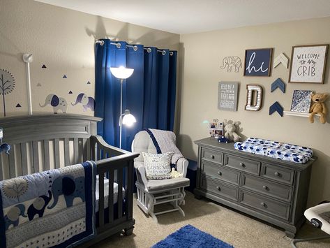 Navy Blue Woodland Nursery, Grey Nursery Ideas Boy, Cute Nursery Ideas Boy, Nursery Ideas Elephant Theme, Baby Boy Crib Ideas, Baby Boy Nursery Blue And Gray, Boy Baby Room Ideas Nurseries, Baby Boy Rooms Decor Ideas, Blue And Grey Nursery Boy