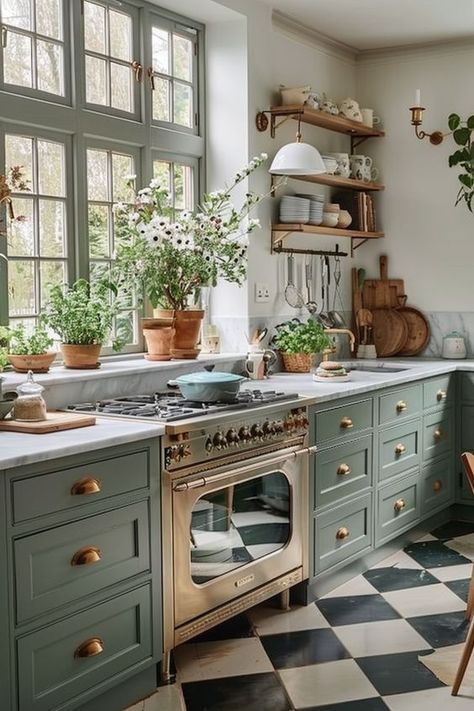 Green Modern Farmhouse Kitchen, Cottage Eat In Kitchen, Kitchens With Windows, Green Kitchen Accents, French Colonial Kitchen, Kitchen With Plants, Colonial Kitchen Ideas, Unique Kitchen Ideas, Kitchen Deisgn