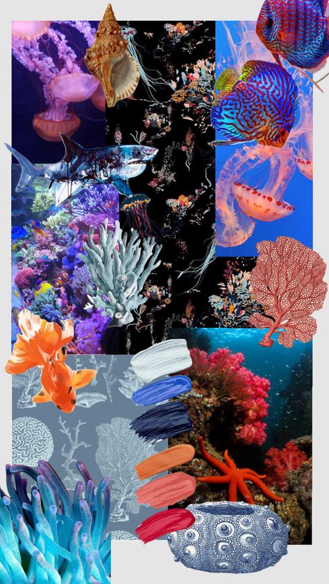 Under the Sea! #printinspo #underthesea #oceanaesthetic #oceanprints #jellyfishprint #coralprint Sea Anemone Painting, Ocean Inspiration Board, Sea Themed Mood Board, Sea Life Mood Board, Under The Sea Fashion Mood Board, Under The Sea Mood Board, Under The Sea Fashion, Under The Sea Aesthetic, Sea Moodboard