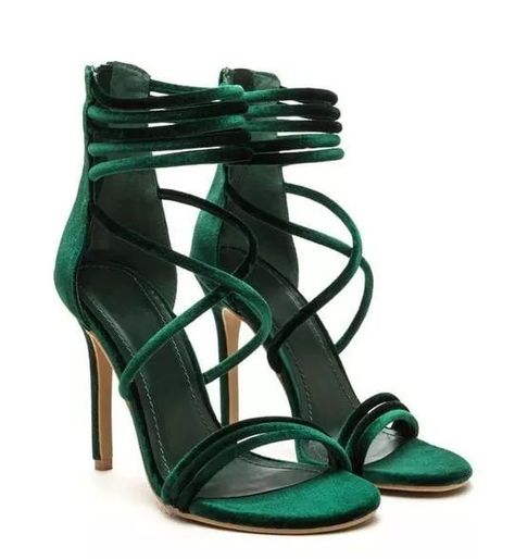 Emerald Shoes, Green High Heels, Heels Aesthetic, Shoes Heels Classy, Prom Heels, Green Heels, Strappy Stilettos, Velvet Heels, Heels Classy