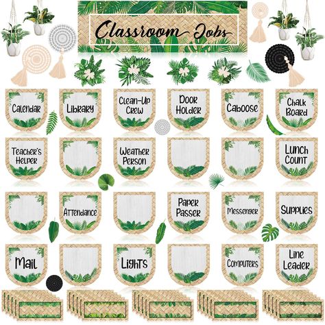 PRICES MAY VARY. Simply Boho Mini Bulletin Board Sets: you will get 101 pieces of classroom jobs chart cutout, including 1 piece of classroom jobs title (consisting of 2 parts, need DIY), 4 tassels, 4 hanging planters, 6 paper fan cutouts, 4 large leafy greenery cutouts, 8 assorted leaves cutouts, 17 titled job signs cutouts, 7 blank job signs cutouts, 50 student labels cutouts, coming with 200 glue point dots, which make those classroom bulletin board set suitable for decorating the wall and bu Student Job Chart, Classroom Helper Chart, Eucalyptus Classroom, Classroom Jobs Chart, Leaves Cutout, First Day Of School Classroom, Helper Chart, Classroom Job Chart, Plants Classroom