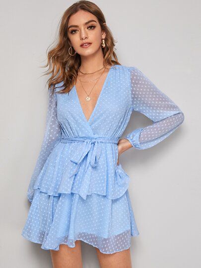 Boho Dress Fall, Poly Dress, Outfit Elegantes, Beautiful Mini Dresses, Chiffon Jumpsuit, Swiss Dot Dress, Layered Skirt, Light Blue Color, Chic Woman