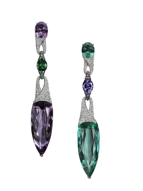 Boghossian Colombian emerald, amethyst and diamond earrings Gemstone Art, High Jewellery, Luxury Wear, Jewellery Earrings, Event Inspiration, Designer Jewellery, Amethyst Earrings, Glam Fashion, Modern Earrings