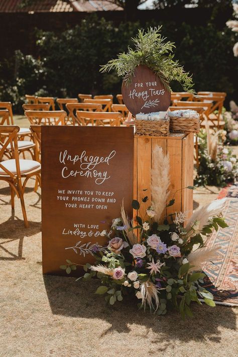 Ceremony Wedding Sign, Wedding Sign Ideas, Ceremony Signage, Norfolk Beach, Flower Fairy Lights, Boho Wedding Ceremony, Unplugged Wedding Sign, Unplugged Ceremony, Rustic Wedding Ceremony