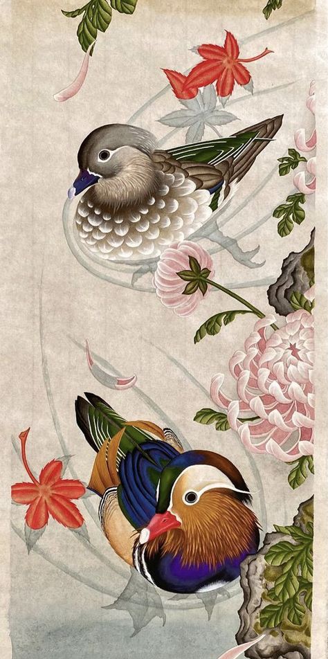 Japanese Duck Tattoo, Mandarin Ducks Wallpaper For Love, Mandarin Duck Painting, Mandarin Duck Tattoo, Mandarin Duck Illustration, Chinese Birds, Chinese Drawing, Mandarin Ducks, Duck Tattoos