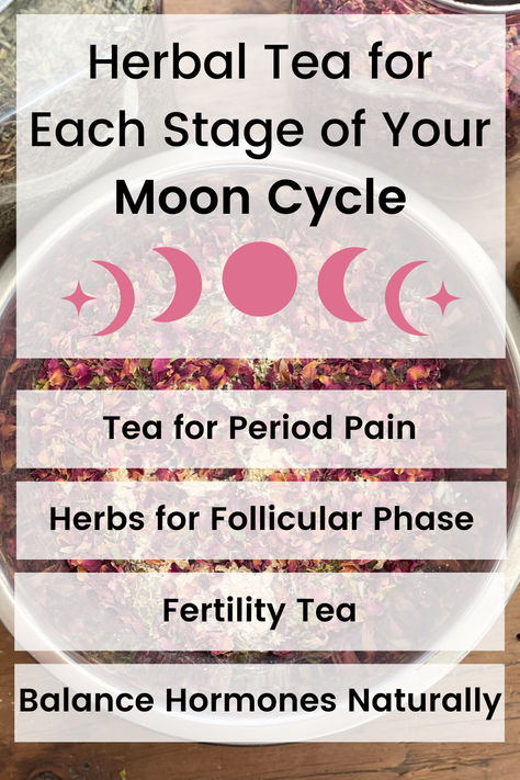 discover herbal tea blends for each stage of your moon cycle. Tea For Cycle Syncing, Tea For Cycle Phases, Period Tea Blend, Tea For Menstrual Cycle, Teas For Menstrual Cycle, Tea For Period Cramps, Tea For Cramps, Menstrual Tea, Herb Healing