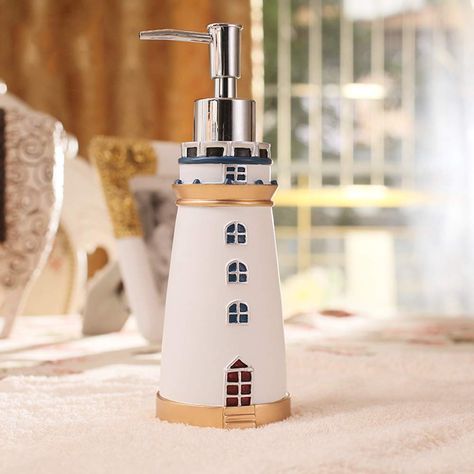 PRICES MAY VARY. DALAZ Mediterranean Style Cute Lighthouse Decorative Bathroom Accessory Set Liquid Soap Lotion Pump Dispenser Resin White Sea Life Bathroom, Lake Bathroom Decor, Bathroom Ocean Theme, Ship Bathroom, Bathroom Beach Decor, Nautical Decor Bathroom, Sea Themed Bathroom, Lighthouse Bathroom Decor, Sea Bathroom Decor